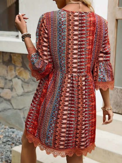 🌷🌷Lace Trim Printed V-Neck 3/4 Sleeve Dress(S-5XL)