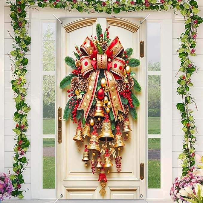 Christmas Door Covers,Decorative Bow Bell Wreath Christmas Door Wraps