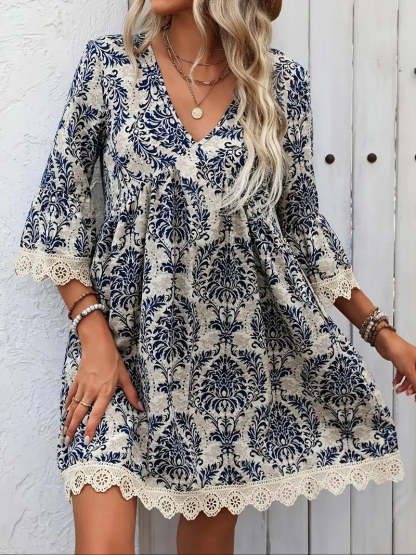 🌷🌷Lace Trim Printed V-Neck 3/4 Sleeve Dress(S-5XL)