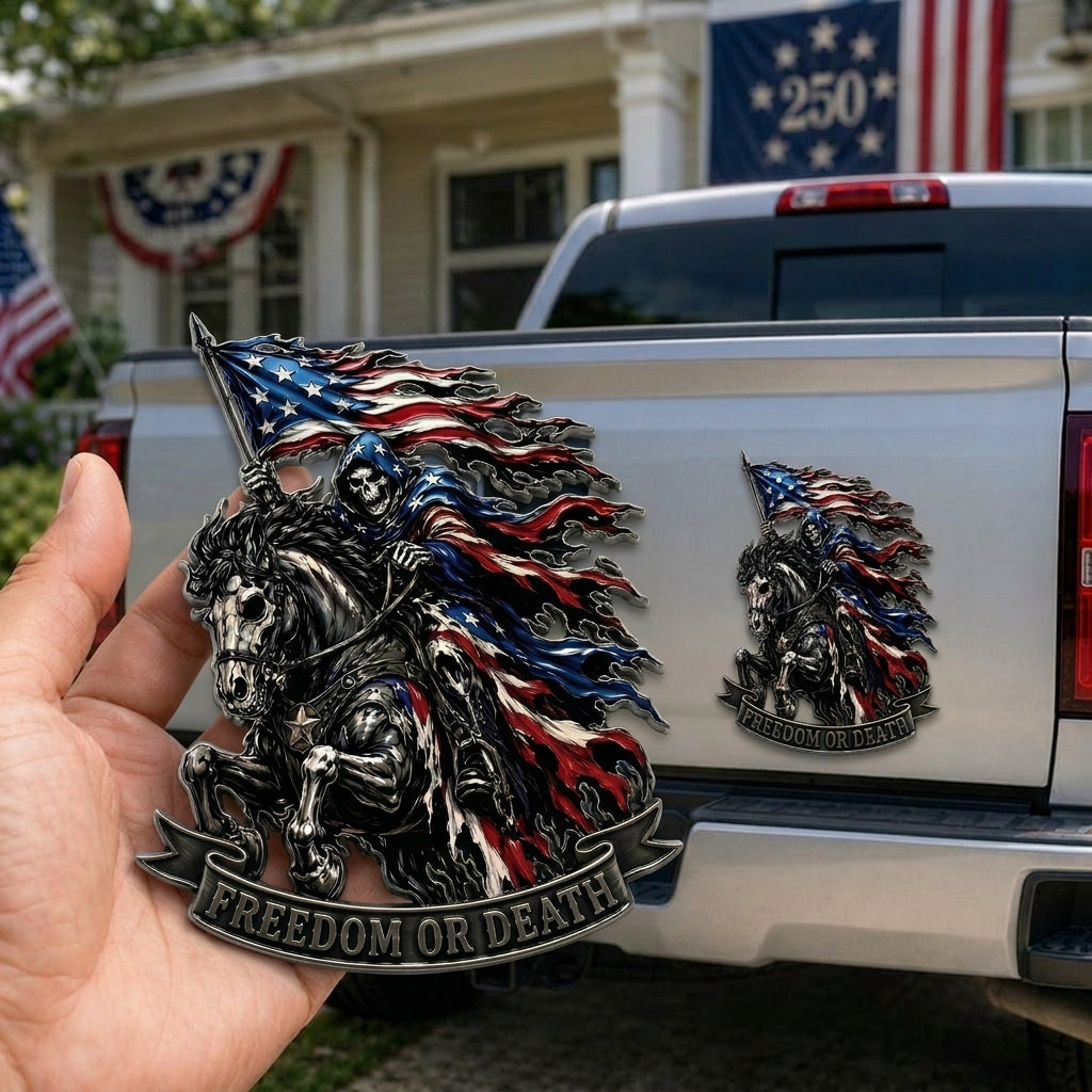 ☠️ "Freedom or Death" Metal USA Flag Skeleton Rider Emblem
