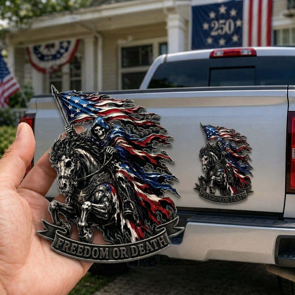 ☠️ "Freedom or Death" Metal USA Flag Skeleton Rider Emblem