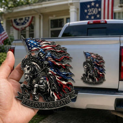 ☠️ "Freedom or Death" Metal USA Flag Skeleton Rider Emblem