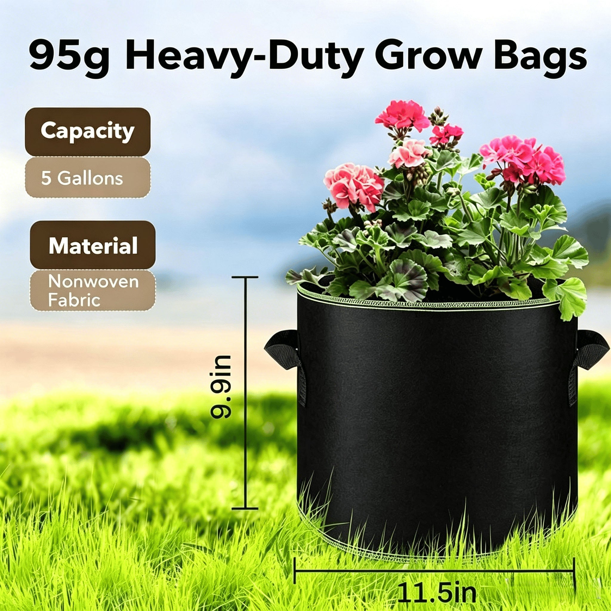 🌱 5 Gallon Grow Bags – Heavy Duty Aeration Fabric Pots with Handles for Vegetables, Flowers & Fruits 