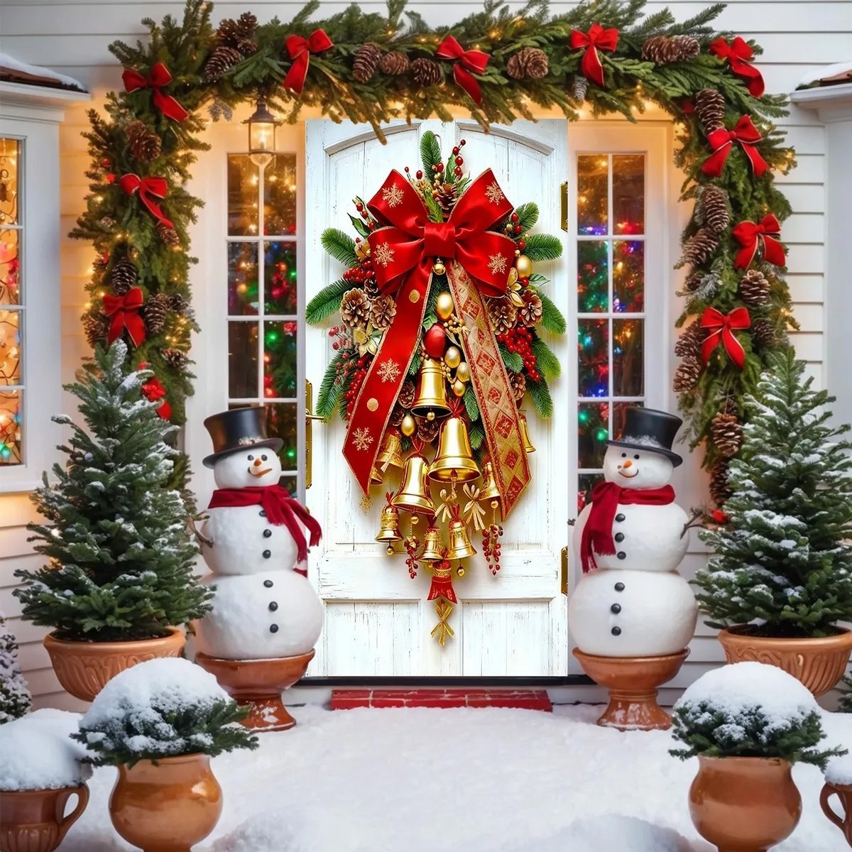 Christmas Door Covers,Decorative Bow Bell Wreath Christmas Door Wraps