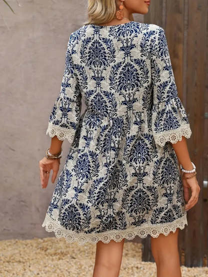🌷🌷Lace Trim Printed V-Neck 3/4 Sleeve Dress(S-5XL)