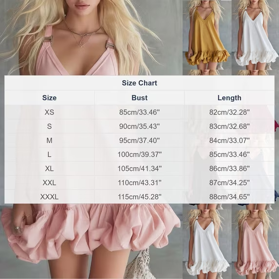 Women's V-Neck Mini Dress Sleeveless Ruffle Bubble Hem Summer Casual Flowy Beach Party Sundress with Spaghetti Straps