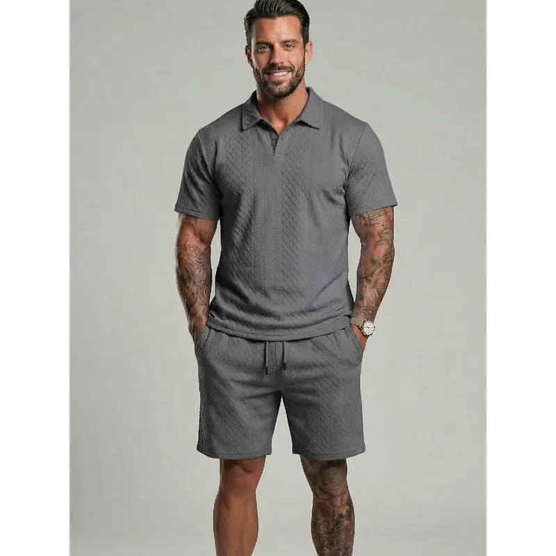 ⏰LAST DAY 55% OFF - Men's Solid Polo Shirt & Drawstring Waist Shorts Set Cozy Breathable Two-piece Outfits for Daily Outdoor Wear Menswear Suits