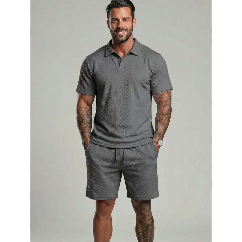 ⏰LAST DAY 55% OFF - Men's Solid Polo Shirt & Drawstring Waist Shorts Set Cozy Breathable Two-piece Outfits for Daily Outdoor Wear Menswear Suits