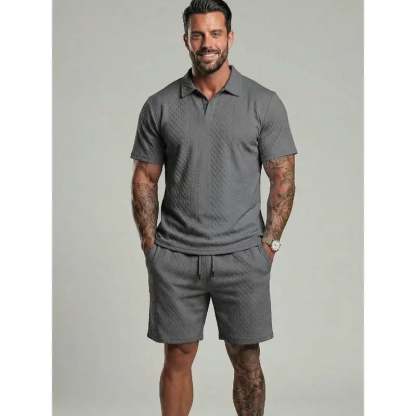 ⏰LAST DAY 55% OFF - Men's Solid Polo Shirt & Drawstring Waist Shorts Set Cozy Breathable Two-piece Outfits for Daily Outdoor Wear Menswear Suits