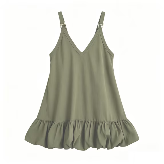 Women's V-Neck Mini Dress Sleeveless Ruffle Bubble Hem Summer Casual Flowy Beach Party Sundress with Spaghetti Straps