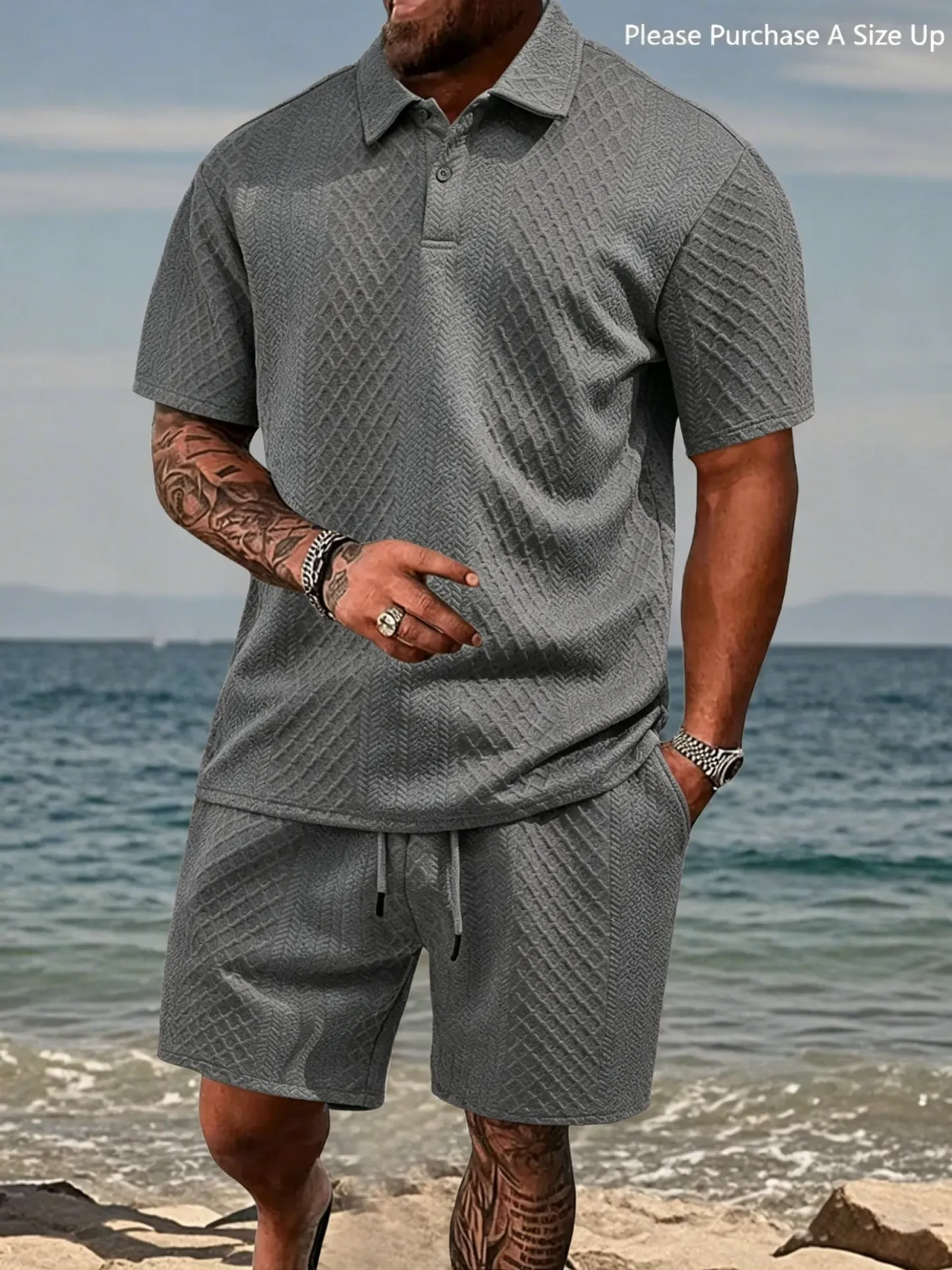 Men's Solid Polo Shirt & Drawstring Waist Shorts Set, Cozy Breathable Two-piece Outfits