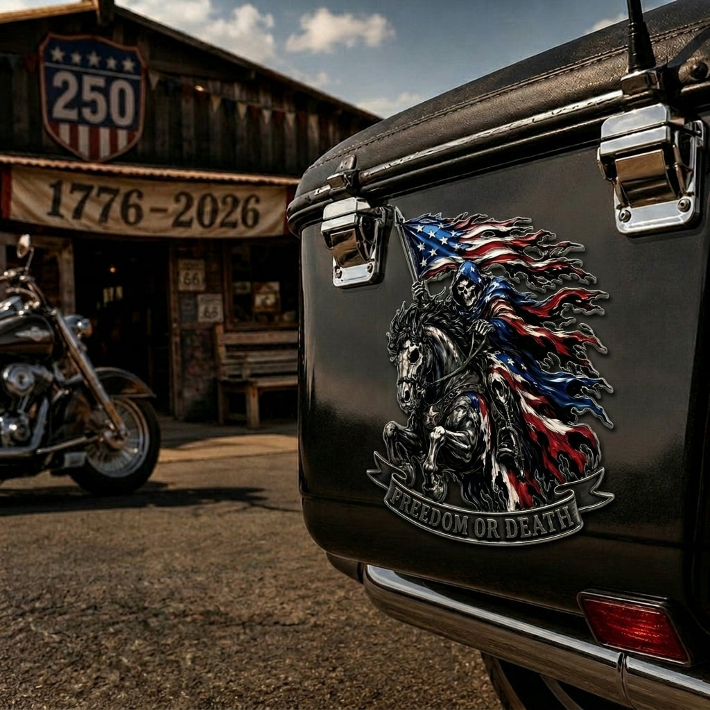 ☠️ "Freedom or Death" Metal USA Flag Skeleton Rider Emblem