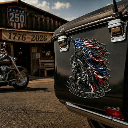 ☠️ "Freedom or Death" Metal USA Flag Skeleton Rider Emblem