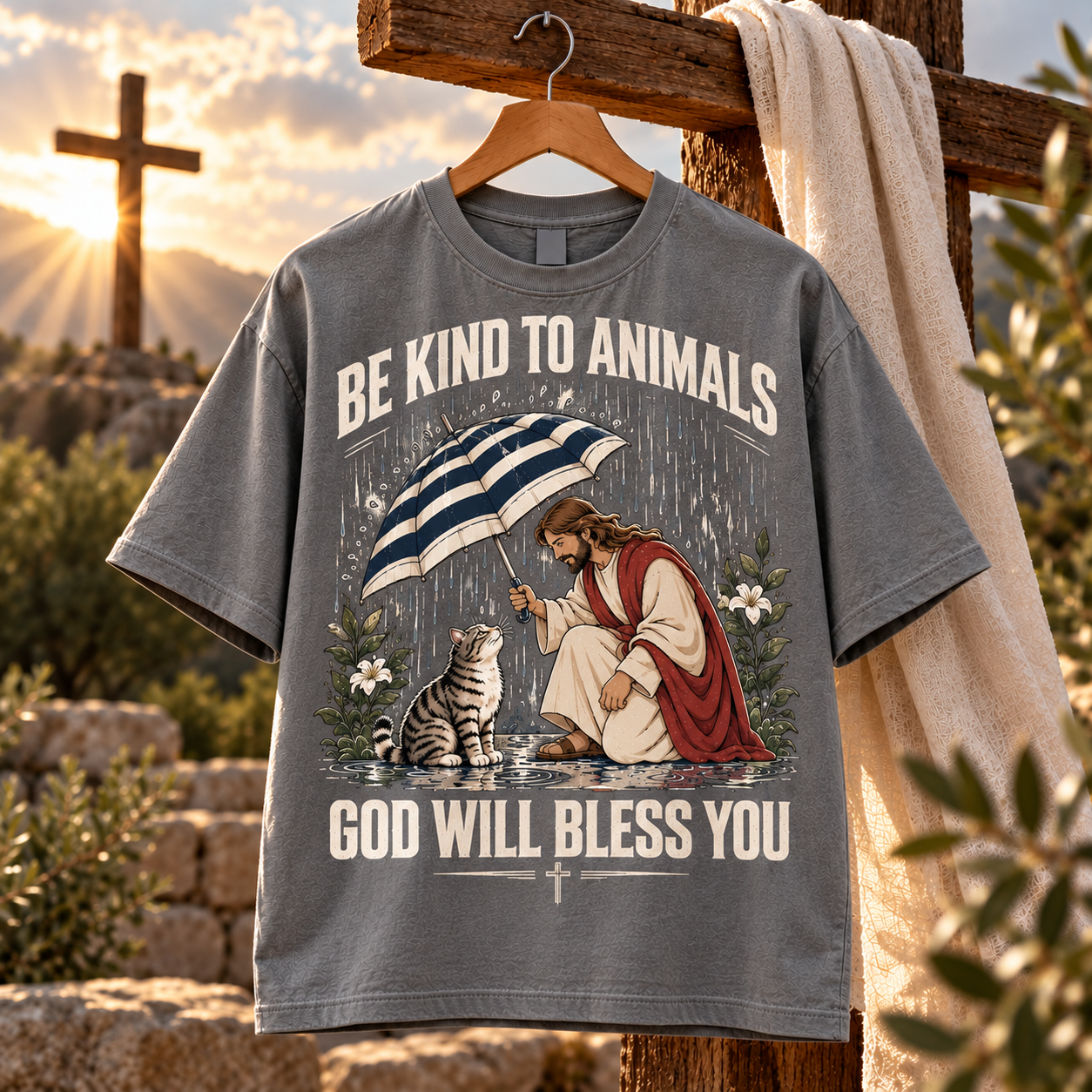 Be Kind to Animals Christian Shirt, God Will Bless You Jesus Cat T-Shirt, Christian Animal Lover Gift, Faith Pet Lover Tee