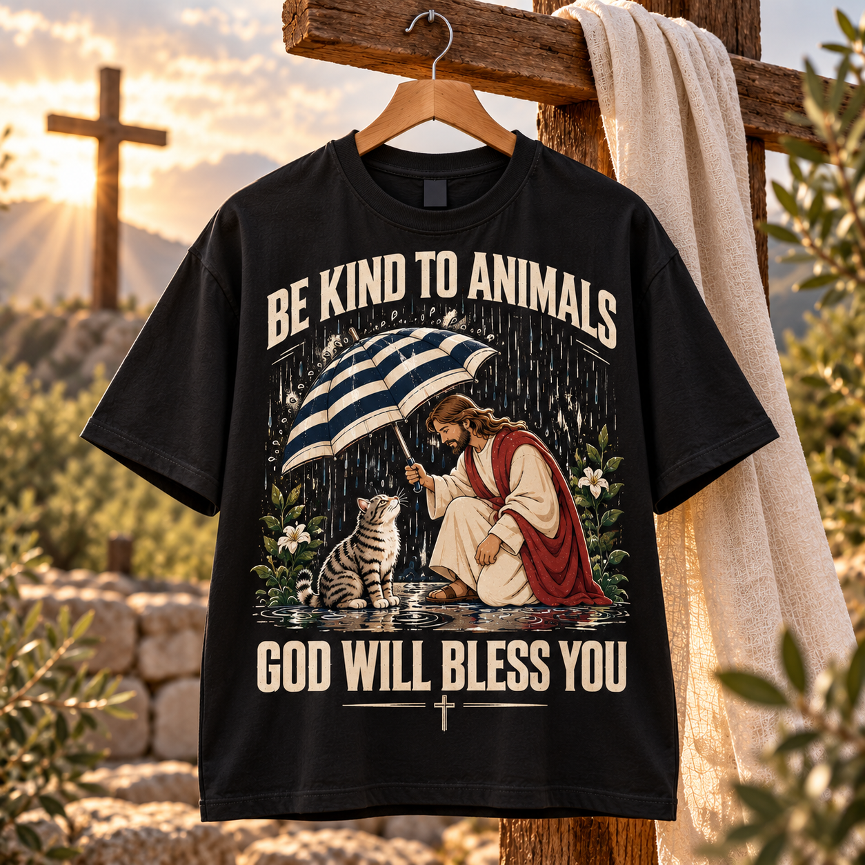 Be Kind to Animals Christian Shirt, God Will Bless You Jesus Cat T-Shirt, Christian Animal Lover Gift, Faith Pet Lover Tee