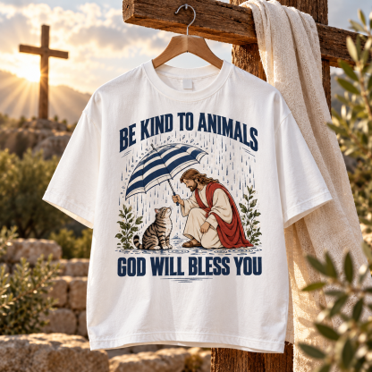 Be Kind to Animals Christian Shirt, God Will Bless You Jesus Cat T-Shirt, Christian Animal Lover Gift, Faith Pet Lover Tee