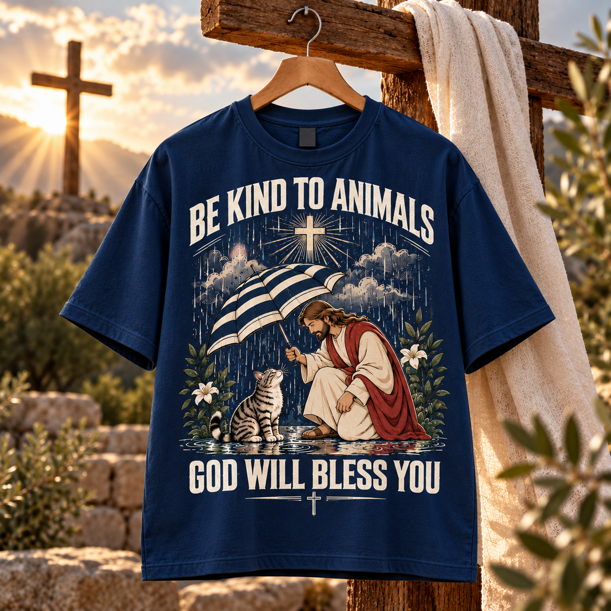 Be Kind to Animals Christian Shirt, God Will Bless You Jesus Cat T-Shirt, Christian Animal Lover Gift, Faith Pet Lover Tee