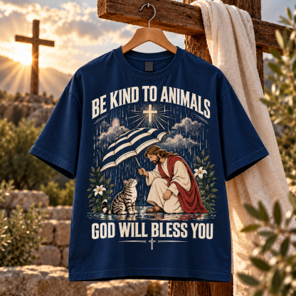 Be Kind to Animals Christian Shirt, God Will Bless You Jesus Cat T-Shirt, Christian Animal Lover Gift, Faith Pet Lover Tee