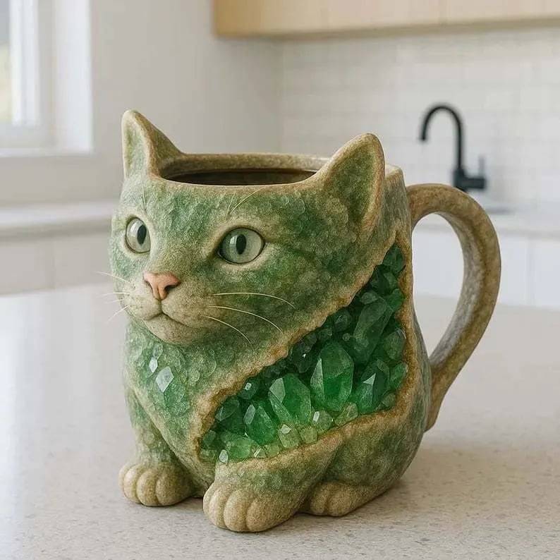 Crystal Cat Mug - Exotic Gemstone Drinkware