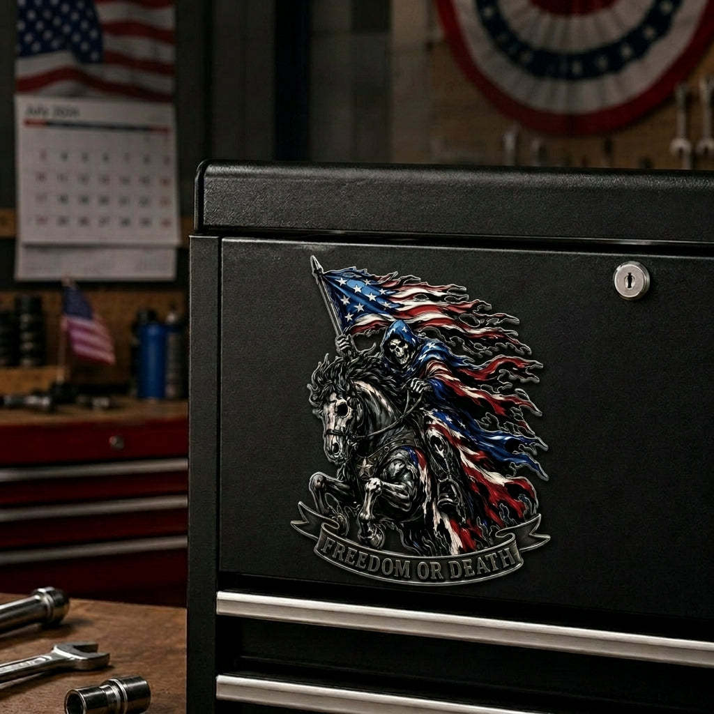 ☠️ "Freedom or Death" Metal USA Flag Skeleton Rider Emblem