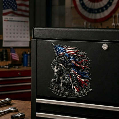 ☠️ "Freedom or Death" Metal USA Flag Skeleton Rider Emblem