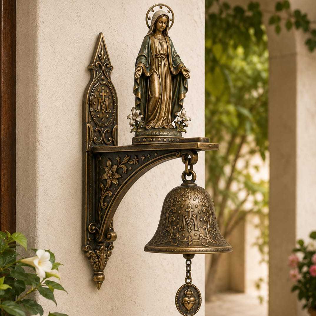 Our Lady of Grace Bronze Miraculous Medal Wall Bell | Catholic Religious Home & Garden Decor"
