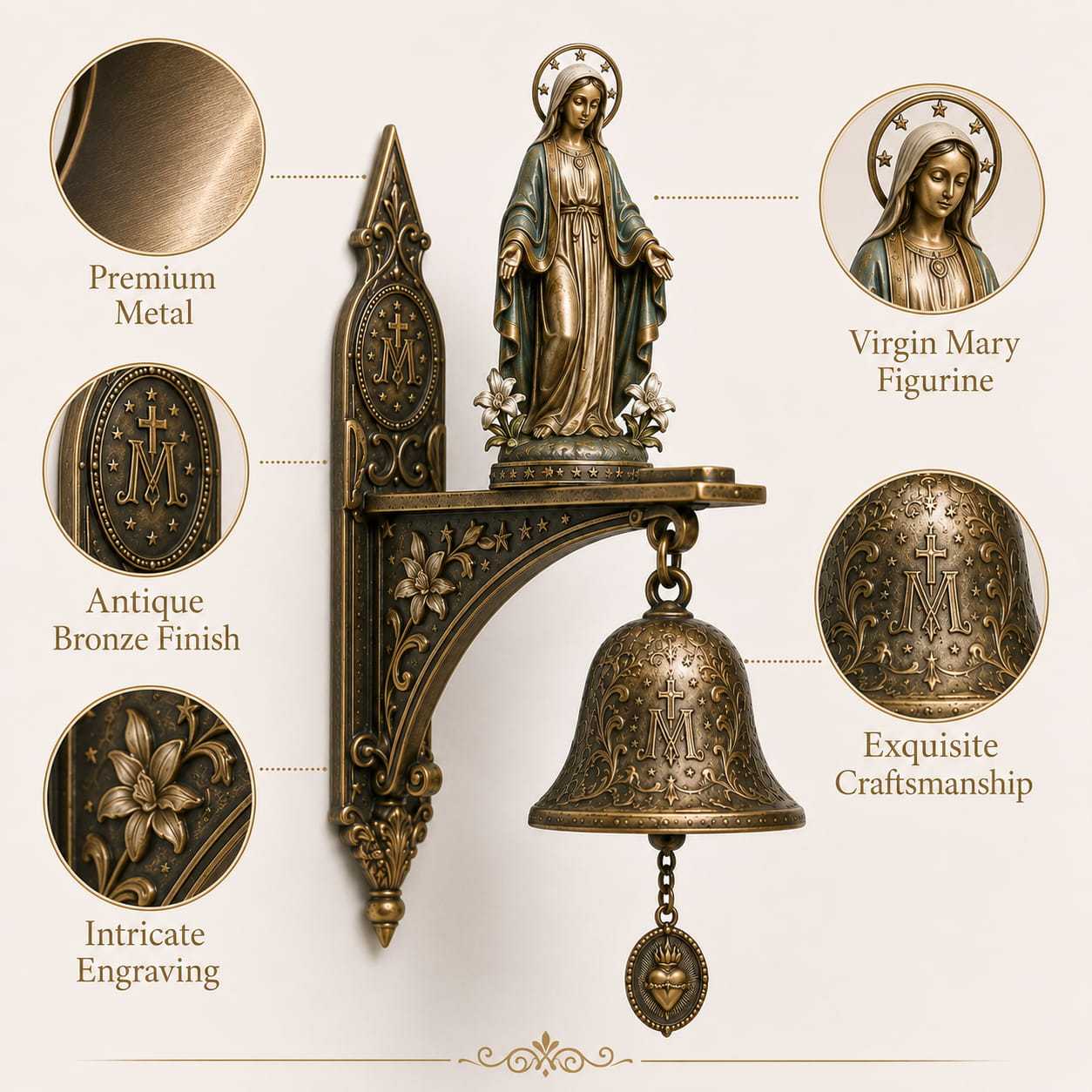 ✨ Our Lady of Grace Bronze Miraculous Medal Wall Bell | 🙏Catholic Religious Home & Garden Decor"