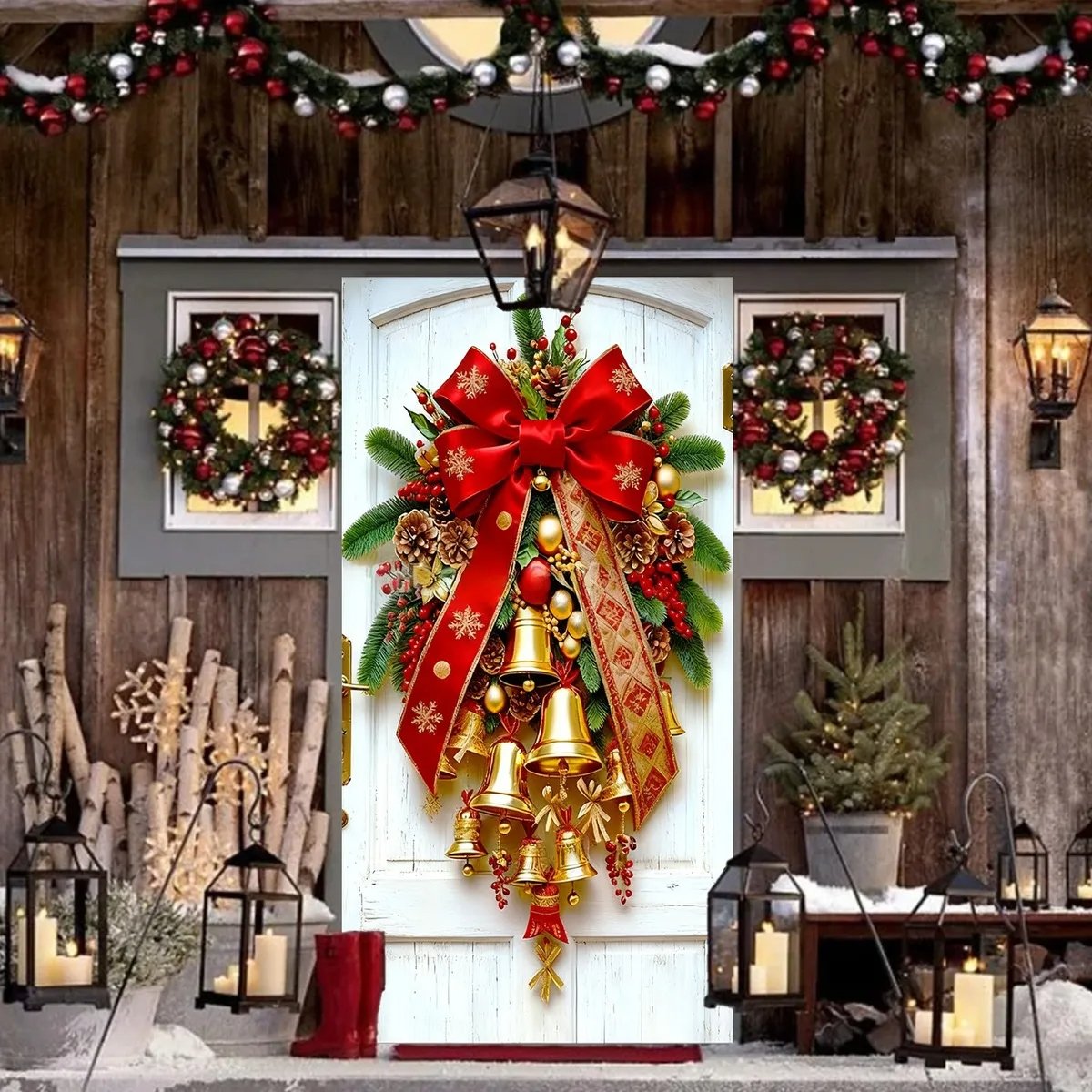 Christmas Door Covers,Decorative Bow Bell Wreath Christmas Door Wraps