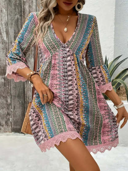 🌷🌷Lace Trim Printed V-Neck 3/4 Sleeve Dress(S-5XL)