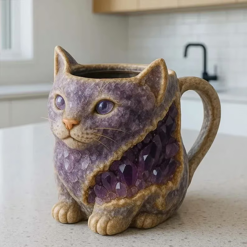 Crystal Cat Mug - Exotic Gemstone Drinkware
