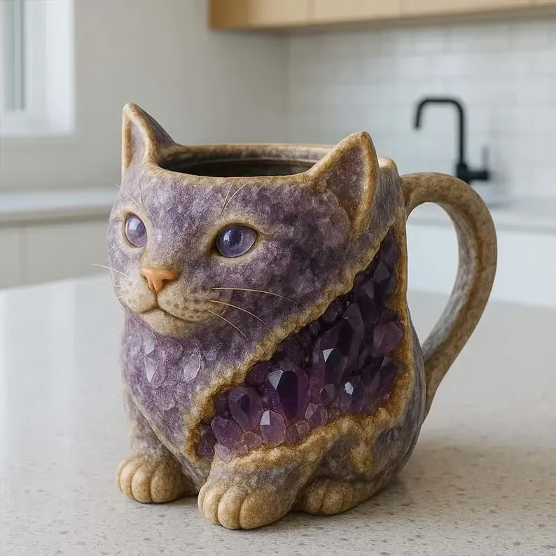 Crystal Cat Mug - Exotic Gemstone Drinkware