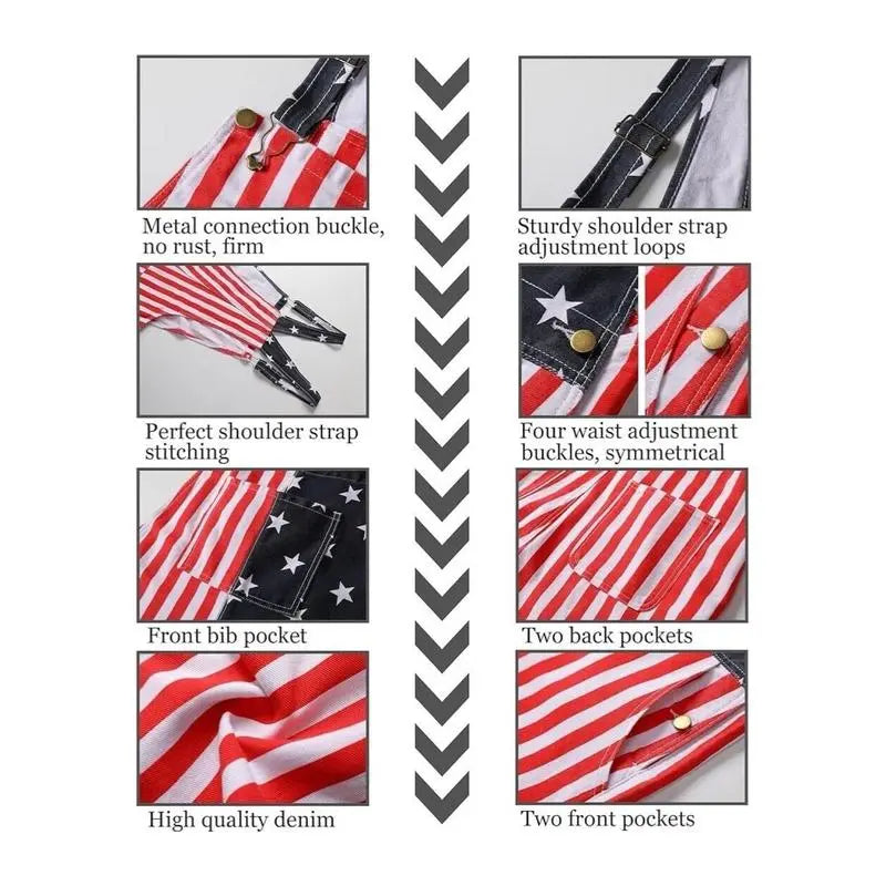Men's and Women's American Flag Denim Overalls Stretch Shorts, Patriotic