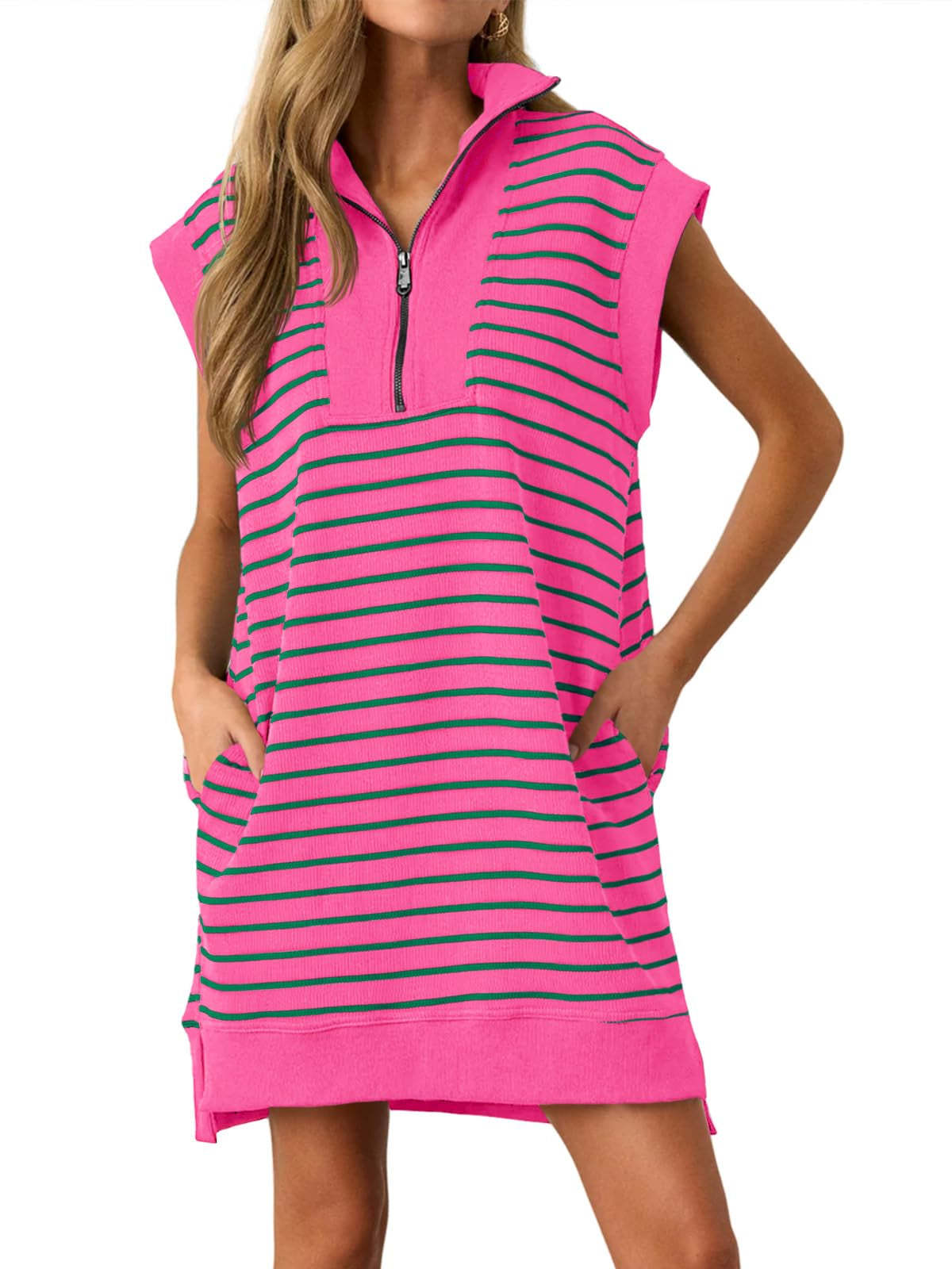 Limited time sale🔥Women's Striped Casual Zipper Cap Sleeve Mini Dress