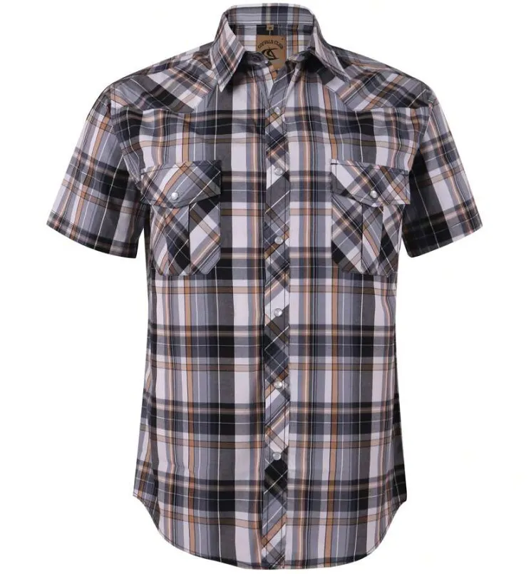Men's Western Cowboy Short Sleeve Pearl Snap Casual Plaid Work Shirt