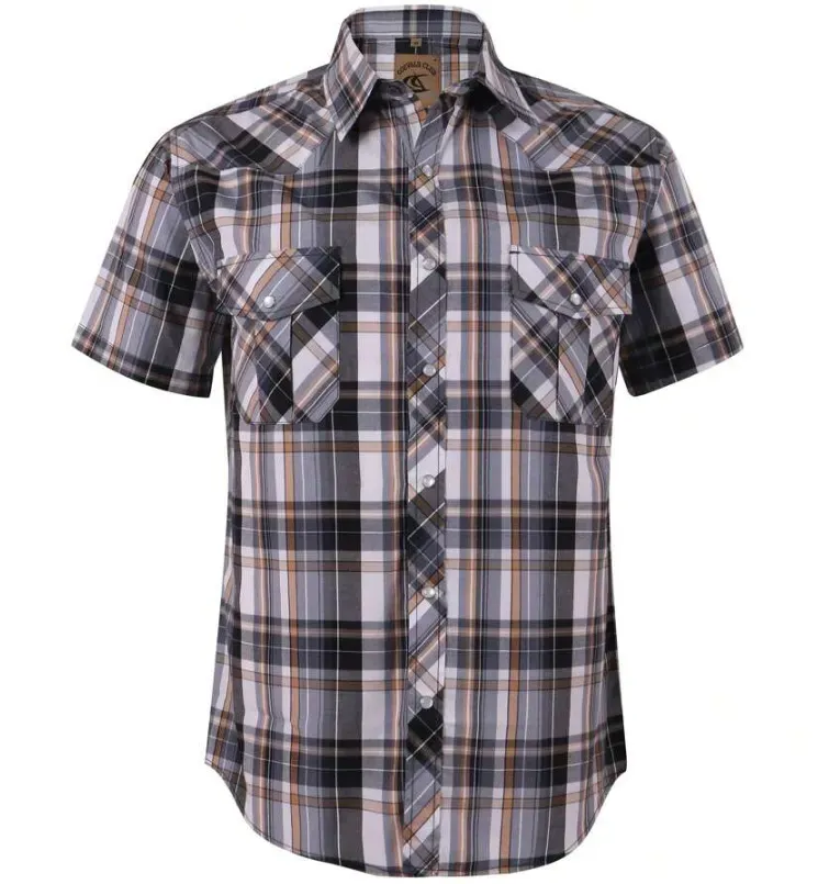 Men's Western Cowboy Short Sleeve Pearl Snap Casual Plaid Work Shirt