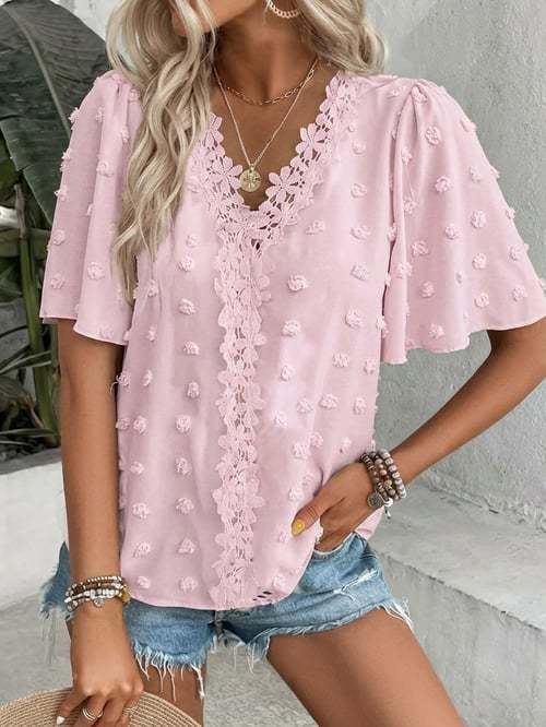 🔥 Elegant Swiss Dot Lace Butterfly Sleeve Shirt, Long Sleeve Commuter Top, Loose Fit Casual Summer Blouse for Women