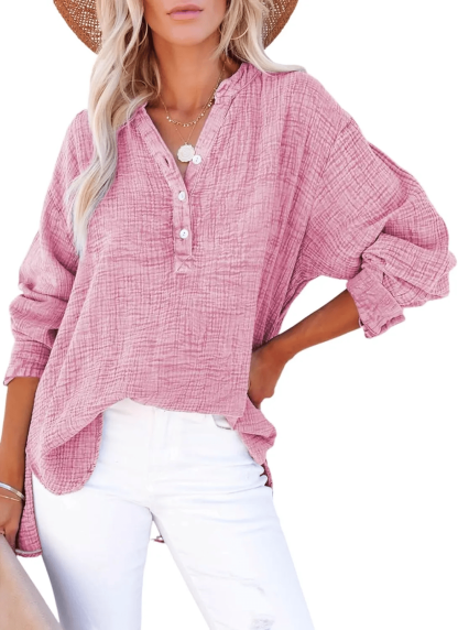 🔥Womens Casual Gauze Button Neck Long Sleeve Oversized BlousesTops