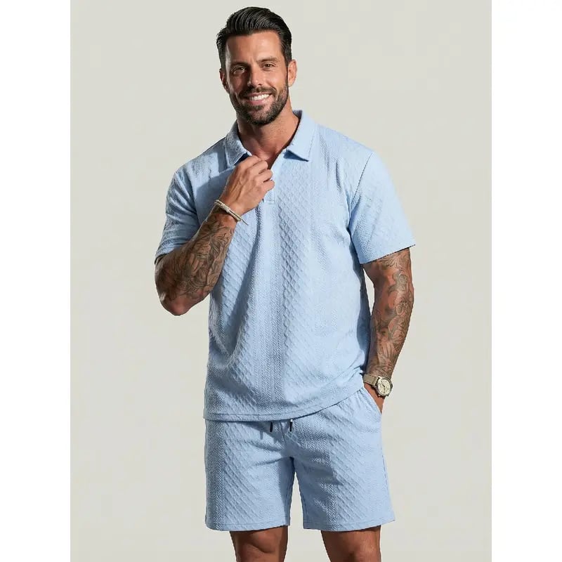 ⏰LAST DAY 55% OFF - Men's Solid Polo Shirt & Drawstring Waist Shorts Set Cozy Breathable Two-piece Outfits for Daily Outdoor Wear Menswear Suits
