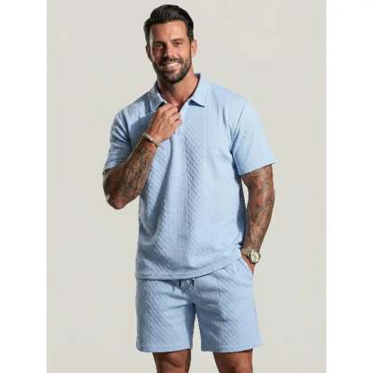 ⏰LAST DAY 55% OFF - Men's Solid Polo Shirt & Drawstring Waist Shorts Set Cozy Breathable Two-piece Outfits for Daily Outdoor Wear Menswear Suits
