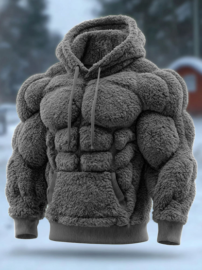 Men's Vintage Muscle Line Art Flannel Warm Cozy Hooded Sweatshirt