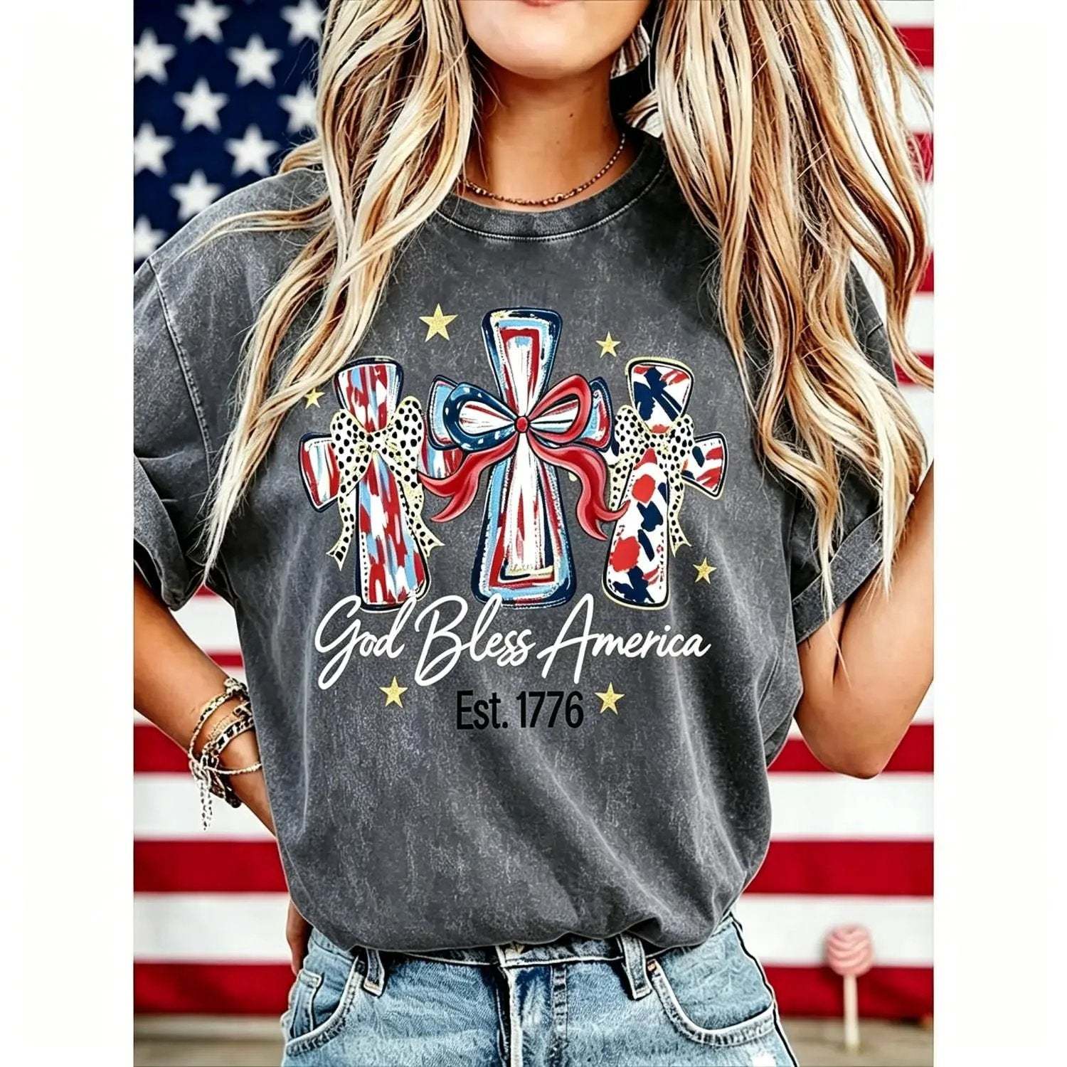 ⭐ God Bless America Women T-Shirt - Vintage American Independence Day Gift Tee🎆