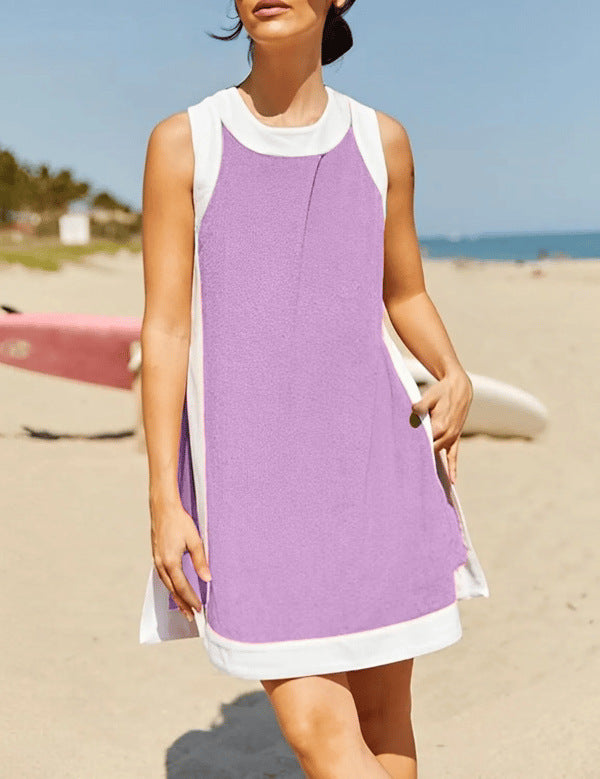 Women's Casual Color Block Round Neck Sleeveless Top with Shorts Set