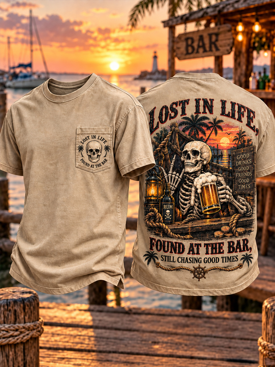 Men’s “LOST THE FEAR · FOUND THE BAR” Retro Skull Printed T-Shirt