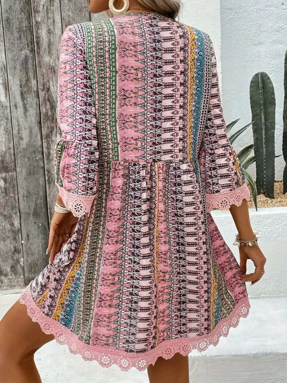 🌷🌷Lace Trim Printed V-Neck 3/4 Sleeve Dress(S-5XL)