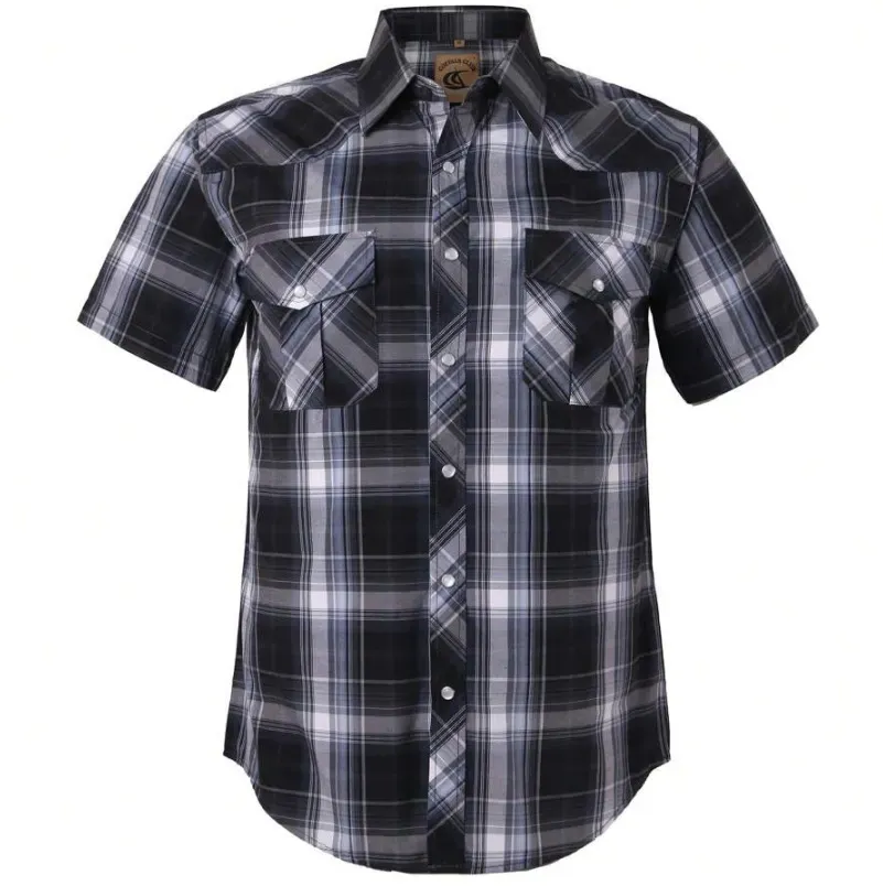Men's Western Cowboy Short Sleeve Pearl Snap Casual Plaid Work Shirt