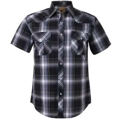 Men's Western Cowboy Short Sleeve Pearl Snap Casual Plaid Work Shirt