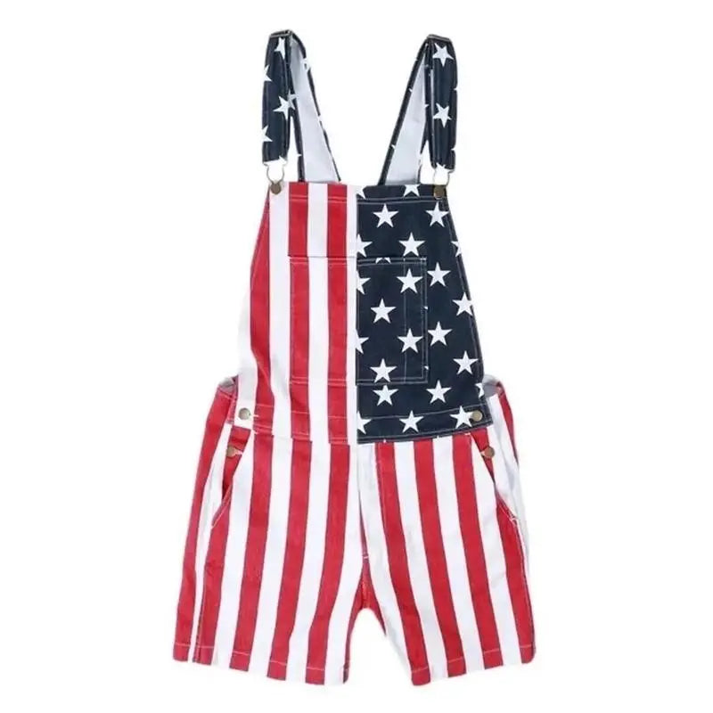 Men's and Women's American Flag Denim Overalls Stretch Shorts, Patriotic