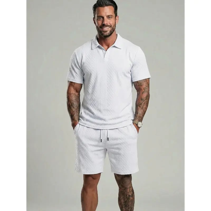 ⏰LAST DAY 55% OFF - Men's Solid Polo Shirt & Drawstring Waist Shorts Set Cozy Breathable Two-piece Outfits for Daily Outdoor Wear Menswear Suits