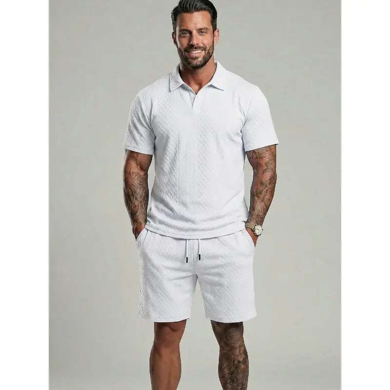 ⏰LAST DAY 55% OFF - Men's Solid Polo Shirt & Drawstring Waist Shorts Set Cozy Breathable Two-piece Outfits for Daily Outdoor Wear Menswear Suits