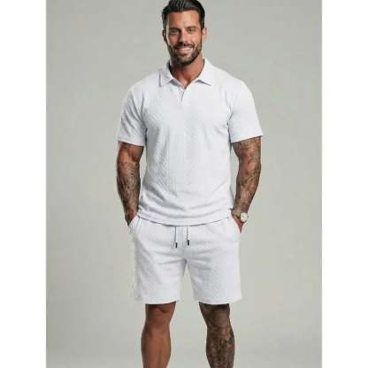 ⏰LAST DAY 55% OFF - Men's Solid Polo Shirt & Drawstring Waist Shorts Set Cozy Breathable Two-piece Outfits for Daily Outdoor Wear Menswear Suits
